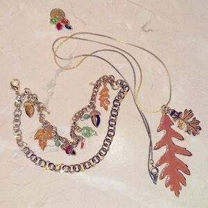 Autumn Fall Style Gold Tone Jewelry Leaves Acorns Jewels Bracelet Necklace Pin